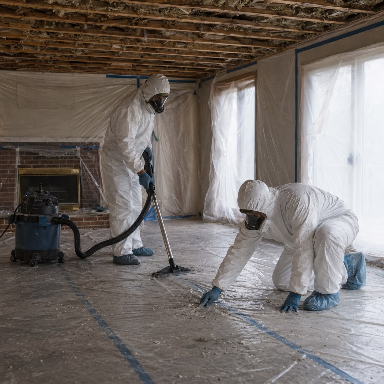 Certified asbestos abatement team removing asbestos ceiling tiles inside containment zone