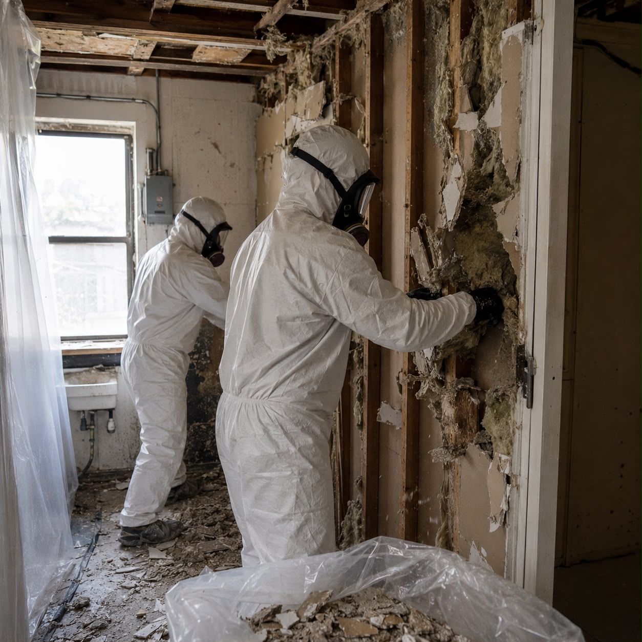 Licensed technicians removing asbestos roof shingles from garage with ladder